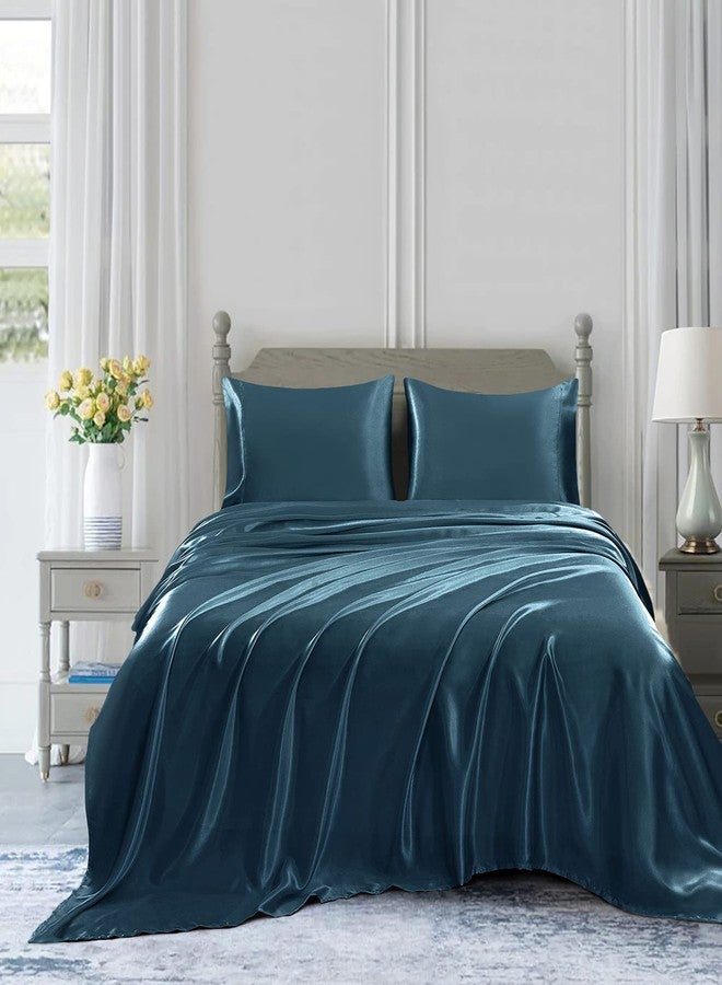 Homiest 4pcs Satin Sheets Set Luxury Silky Satin Bedding Set with Deep Pocket, 1 Fitted Sheet + 1 Flat Sheet + 2 Pillowcases (King Size, Deep Sea Blue) - Image 3